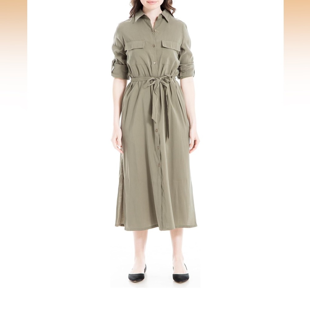 MAX STUDIO Women’s Roll Sleeve Button-Front Olive Green Sage Shirt Dress NWT L